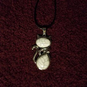 COPY - NWOT, white howlite gemstone cat pendant, silver plate on black cord, ar…